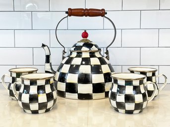 A Mackenzie-Childs Courtly Check Tea Pot And 4 Mugs