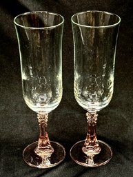 Pair Of Cristal D'arques CRA 35 Pink Stem Champagne Flutes