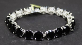 Large Black Gemstone Sterling Silver Filigree Setting Bracelet 7 1/2' Long