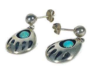 Sterling Silver Signed Bear Paw Turquoise Pierced Earrings