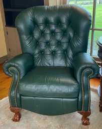 Lazy Boy Green Leather Tufted Back Reclining Wing Chair