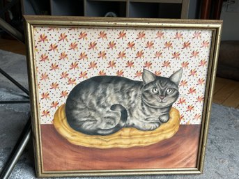 Charming Vintage Signed THEOREM PAINTING Of A Cat Resting On His Bed- NO SHIPPING