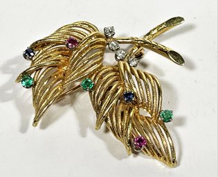 18K Gold Sapphire, Ruby, Emerald And Diamond Leaf Form Brooch 11.7 Grams