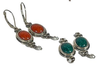 Two Pair Interchangeable Sterling Silver Stone Pierced Earrings Ear Pendants W Seed Pearls