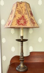 A Vintage Bronze Stick Lamp With Embroidered Silk Shade