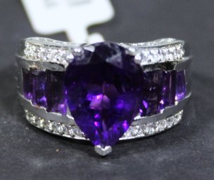 Very Fine Large Amethyst Ladies Cocktail Dinner Ring Size 7 Never Worn Sterling Silver