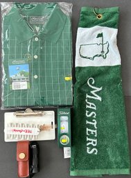 2010 Masters Golf Lot: Size L Golf Shirt NIP, Titleist Balls, Towel, Tees, Brookstone Golf Scope Leather Case