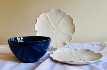 Lot Of 3 Ceramic Tableware - Blue Bowl And 2 White Flower Platters (F)