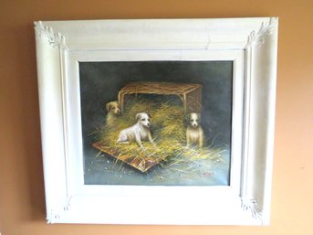 3 Puppies In A Basket Painting In Carved Wood Frame By AEGUS