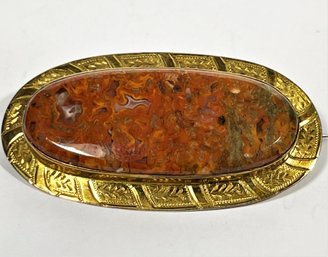 Large 9K Gold Oval Brooch Having Jasper Granite Stone 7.5 Grams