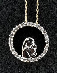 Vintage 10K Gold Necklace - Baby Jesus & Mother Mary - Encircl Faux Diamonds 11/16 In Diameter X 18 In Chain