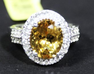 Very Fine Sterling Silver Ring Size 7 Having Large Citrine Stone