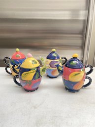 4 Stacking Teapot And Cup Sets Fruit Motif Signed No Chips