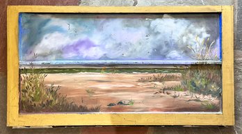 A Hand Painted Vintage Window Panel - Coastal Scene