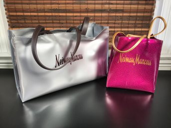 Two New / Like New NEIMAN MARCUS Tote Bags - Pink And Silver Bag - Both With Patent Leather Type Finish