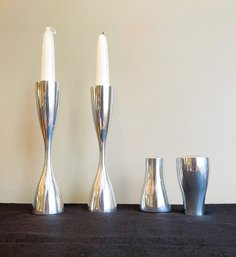 1990's Nambe Modernist Taper Candle Holders And Salt & Pepper Shakers