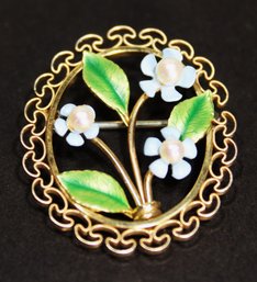 Vintage Gold Filled Brooch Having Enamel And Genuine Pearls