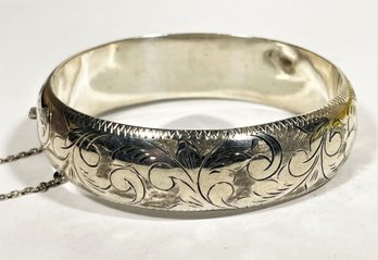 Fine Sterling Silver Engraved Hinged Wide Bangle Bracelet (small Dent)