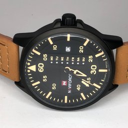 Awesome $300 NAVIFORCE Pilots Watch With DAY / DATE - Matte Black / Beige Leather - GREAT GIFT IDEA ! WOW !