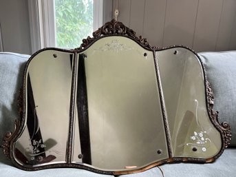Antique Nurre Maestro Etched Tri-part Mirror