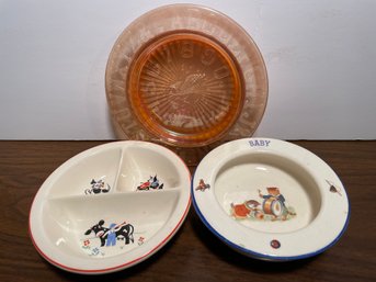 Trio Of Vintage Baby Dishes. Two Porcelain And One Carnival Glass.