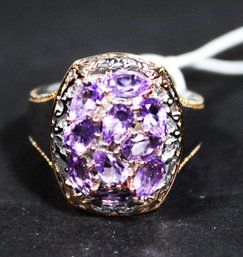 Very Fine Sterling Silver Having Gold Ladies Ring Set With Genuine Amethyst Stones