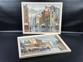 A Fun Pair Of Vintage Paint-By-The-Numbers Art Pieces, French Street Scenes