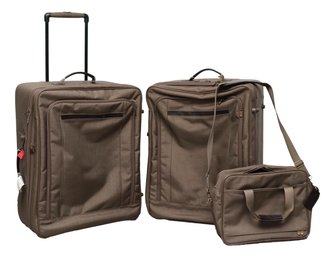2 Large Brown Hartmann Tweed  Softside Rolling Suitcases With Leather Handles And A Carry-On Shoulder Bag