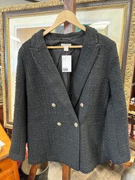 Unworn With Tag - Very Nice H&M Textured Double Breasted Blazer Size M Black Color & With Extra Buttons.