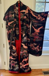 Black Decorated Silk Kimono With Red Interior