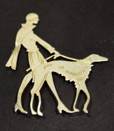 Art Deco Antique Silver Brooch Woman With Greyhound Dog (bent In Places)