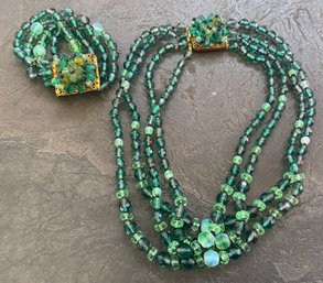 Gorgeous Vintage Green Glass Bead Necklace 4 Strand & Matching Bracelet