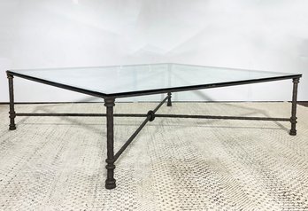 An Extra Large Indoor/Outdoor Glass And Wrought Iron Coffee Table