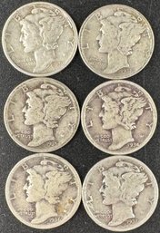 Lot Of 6 Mercury Silver Dimes 1934, 1935, 1936, 1937, 1938, 1939