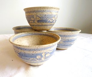 4 Blue Incised Signed Pottery Bowls