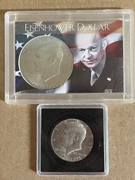 Lot Of Two Beautiful Bicentennial Coins Eisenhower Dollar And Kennedy Half Dollar In Plastic Cases