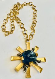 VINTAGE SIGNED NAPIER GOLD TONE BLUE MOLDED CENTER NECKLACE