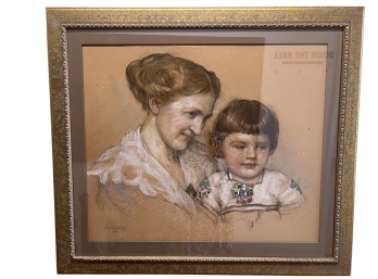 Betty Wolff 1915 Framed Colored Portrait Sketch - Mother & Child