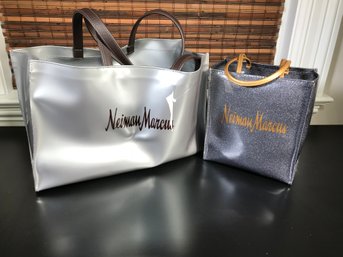 Two New / Like New NEIMAN MARCUS Tote Bags - Dark Gray And Silver Bag - Both With Patent Leather Type Finish