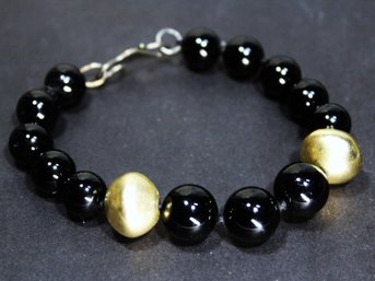 Fine Black Large Onyx Beaded Silver Bracelet