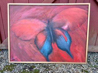 Red And Blue Butterfly Framed Oil On Canvas By Patti Hirsch (American, 1935-2023)  2' 6' X 3' 4'