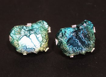 Silver Tone Cufflinks Having Blue Mineral Stones 1980s