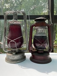 Pair Of Antique Lanterns With Ruby Glass. One Is From The New Haven's Water Company.