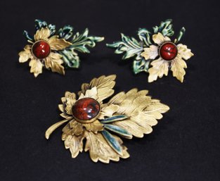 1980s Enamel Gilt Metal Leaf Brooch & Pierced Earrings