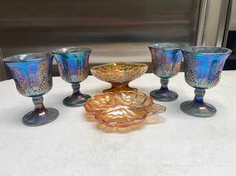Lusterware Collection: 4 Blue Indiana Carnival Glass Goblets 5.25', Amber Leaf & Pedestal Candy Dishes