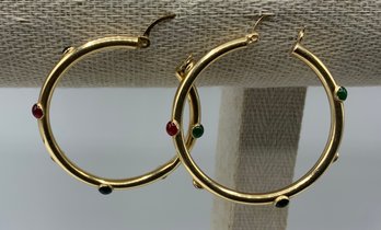 14K Gold Hoops With Semi Precious Cabochon Stones