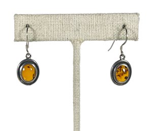 Fine Sterling Silver And Genuine Amber Drop Pierced Earrings