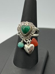 Multi Gemstone Dangle Heart Sterling Silver Ring