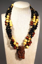 Fine Chinese Beaded Bone And Wood Netsuke Necklace Multi Strand