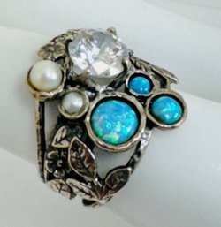 BEAUTIFUL STERLING SILVER OPAL, PEARL AND BRILLIANT CZ FLORAL RING - ISRAEL